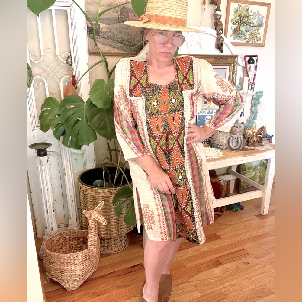 Vintage 70's Kurta INDIA Ethnic Cotton Boho Hippie Festival Beaded Dress